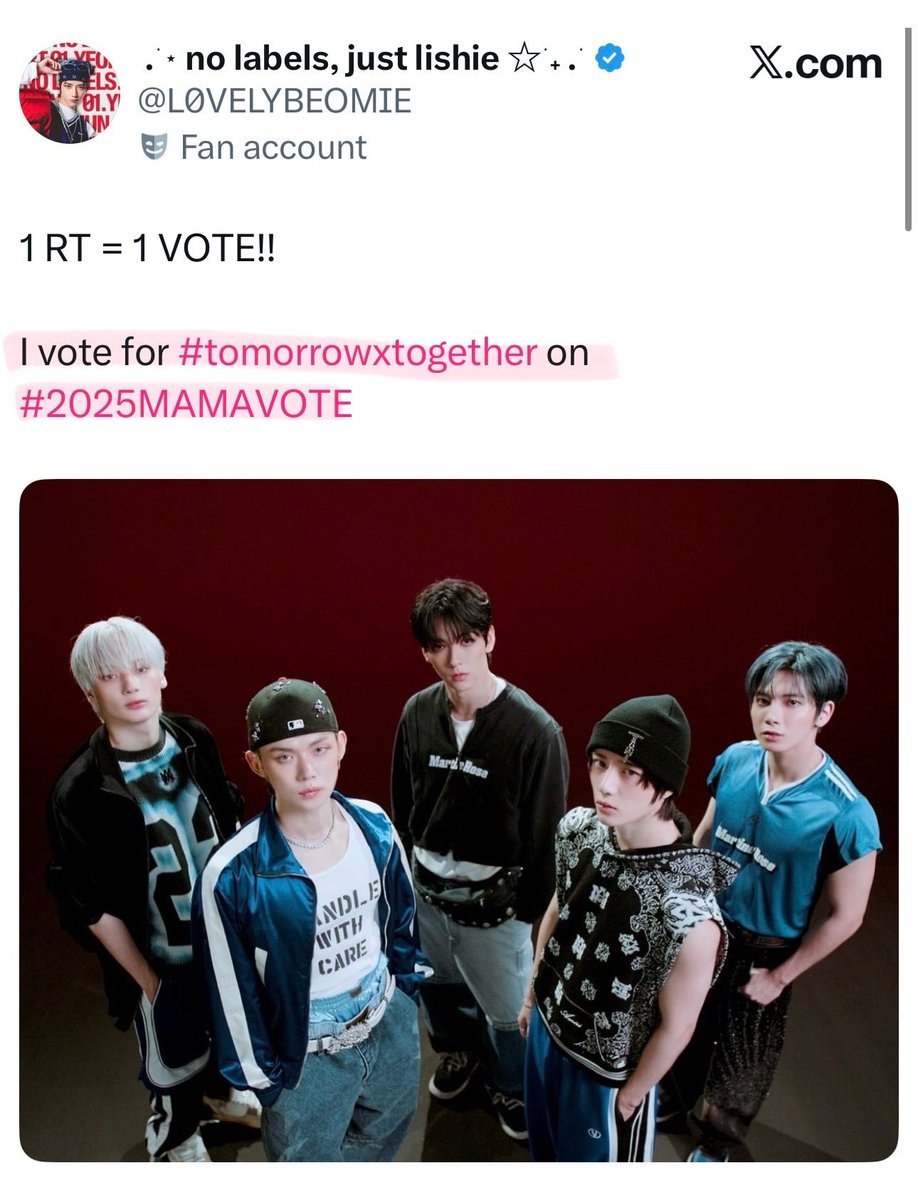 MOAs! someone suggested to me that we create a gc (if there isn’t any yet) that’s dedicated to retweeting posts like this!! 🫶🏻

if you want to join, reply with the hashtags below 👇🏻
#TOMORROWXTOGETHER #2025MAMAVOTE

once you’re in, you can drop your posts there so moas can