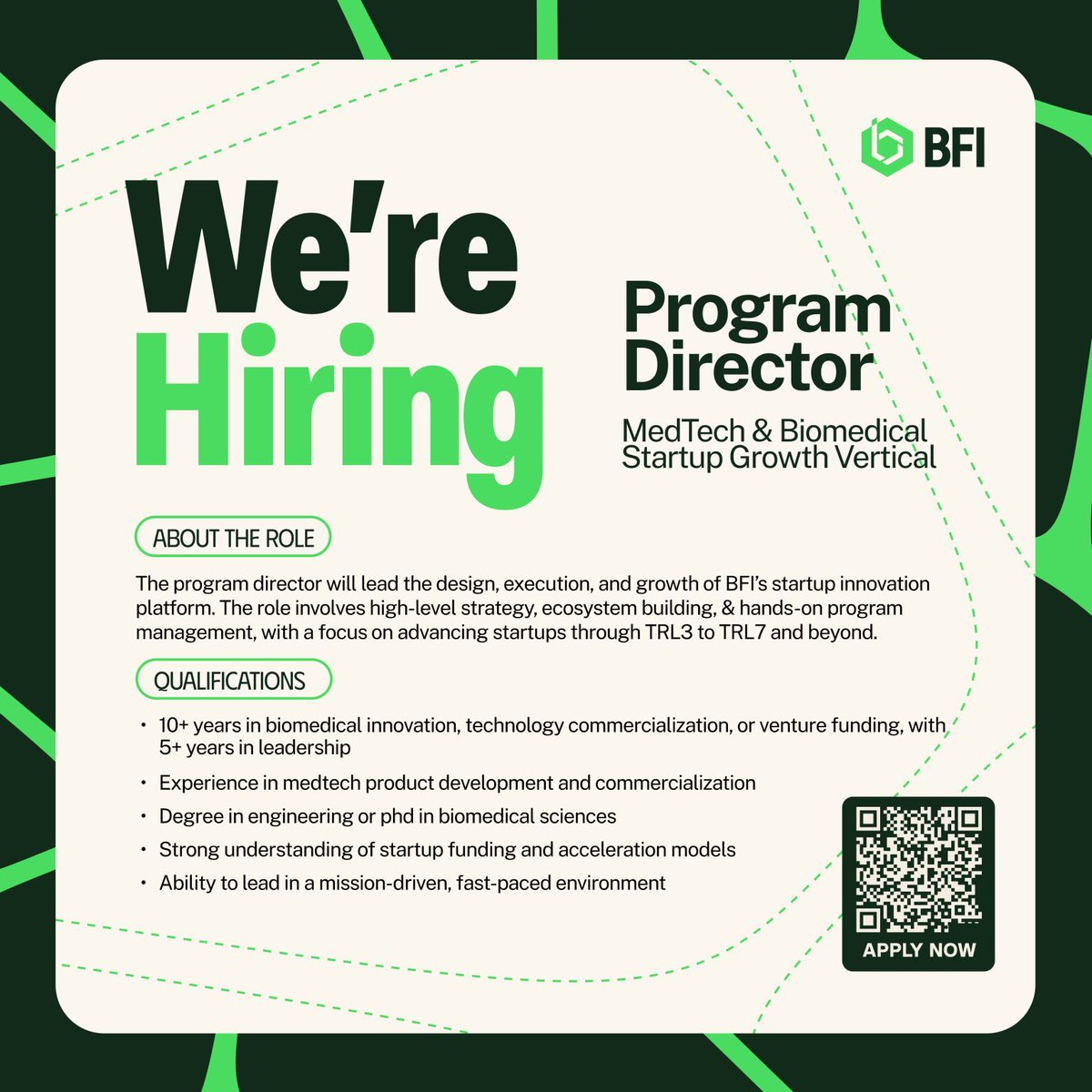 BFI_Impact_'s tweet photo. We’re Hiring: Program Director – MedTech & Biomedical Startup Growth Vertical

BFI is on a mission to build the future of MedTech and Biomedical innovation in India, and we are looking for a visionary Program Director to lead this transformation.

This is a unique, high impact leadership role for someone ready to build, scale, and shape a national innovation ecosystem that bridges the gap between research, technology, and real-world healthcare solutions.

The position will support startups end-to-end, reducing their journey from conceptualization to prototype to market-ready product, by:

1.⁠ ⁠Providing state-of-the-art facilities for product development.
2.⁠ ⁠Engaging medical colleges for product validation.
3.⁠ ⁠Helping startups obtain required regulatory approvals.
4.⁠ ⁠Leveraging product promotion experts to define go-to-market strategies.
5.⁠ ⁠Promoting products effectively to target customers.

Location: New Delhi

click here to apply: https://t.co/2A03O3oZS0