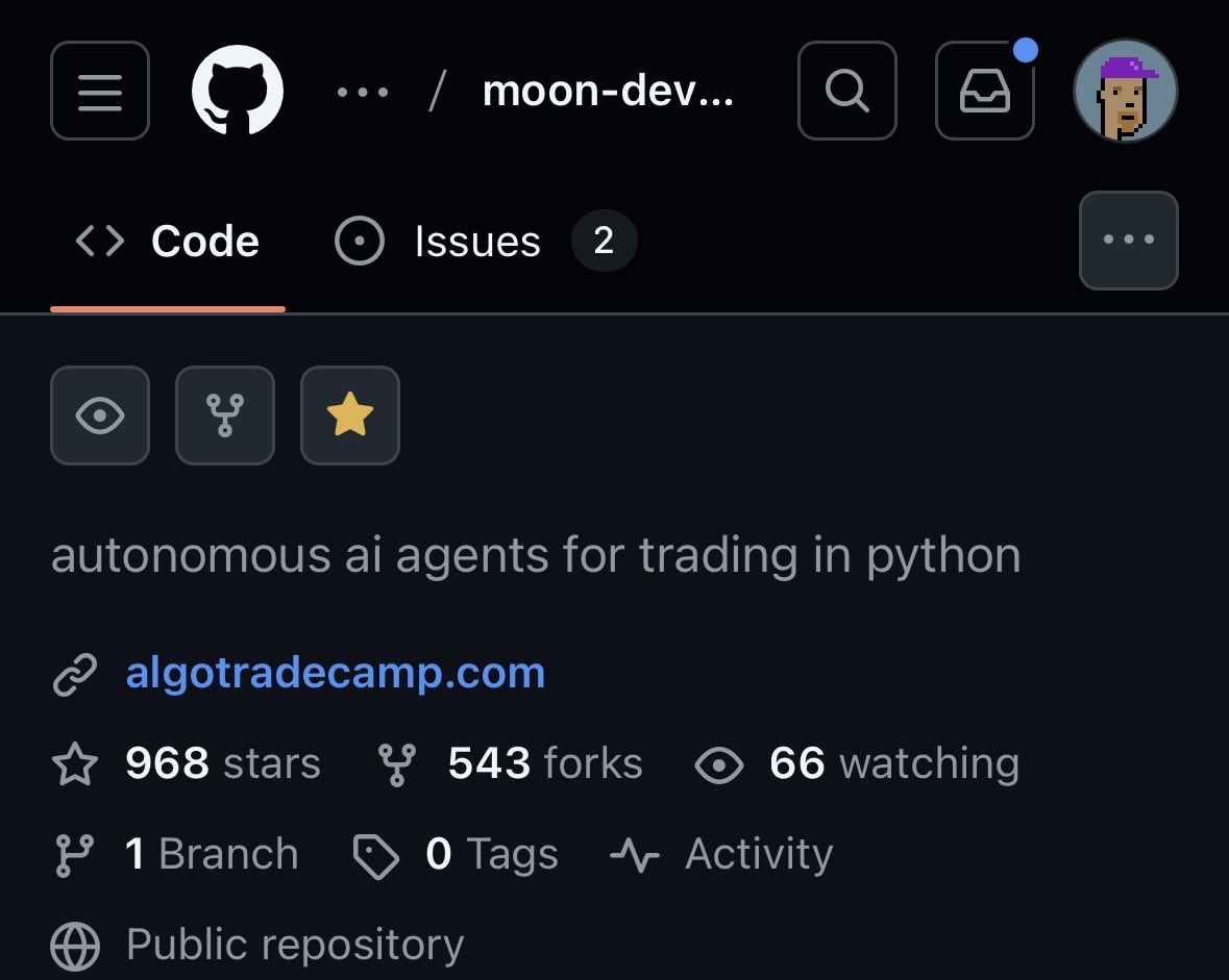 MoonDevOnYT's tweet photo. almost 1000 stars and over 500 forks in less than 3 days is crazy

ai agents for trading 100% open sourced are here to stay

and we are just getting started https://t.co/tX9cOfuQak
