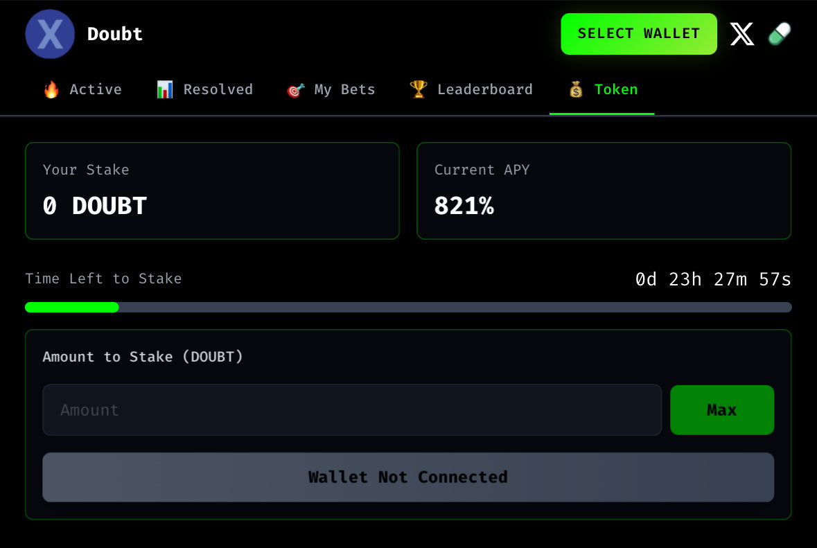 less than 24hrs until our staking pool closes to new deposits

currently at 800%+ apy, powered by trading fees and platform revenue

the house always wins, and now you have the opportunity to become the house with $DOUBT

👉 doubt.bet/token