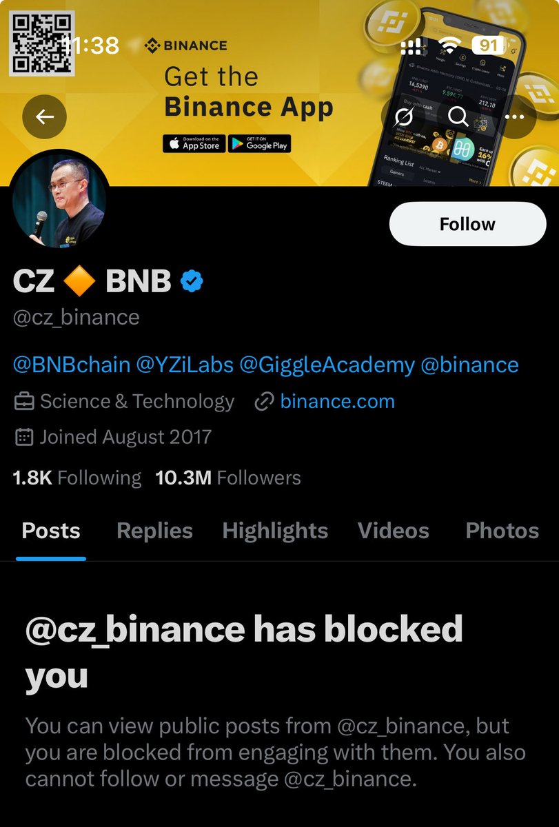 사용자를 차단한 CZ Binance를 보여주는 스크린샷