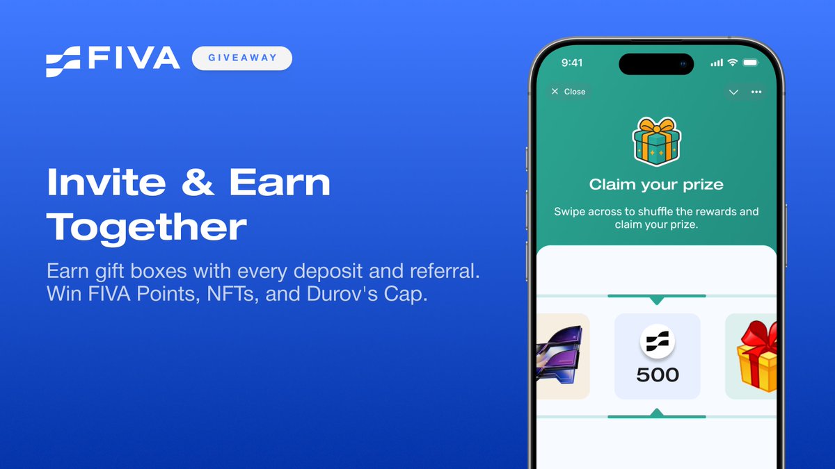 FivaProtocol's tweet image. 🎁 Invite Friends, Win Together

Bring your friends to FIVA Savings and you both win gift boxes with every deposit.

How it works:
- Deposit $100+ yourself =&amp;gt; Get a box
- Copy your ref link and share with friends
- Your friend deposits $100+ =&amp;gt; You both get a box
- More friends…
