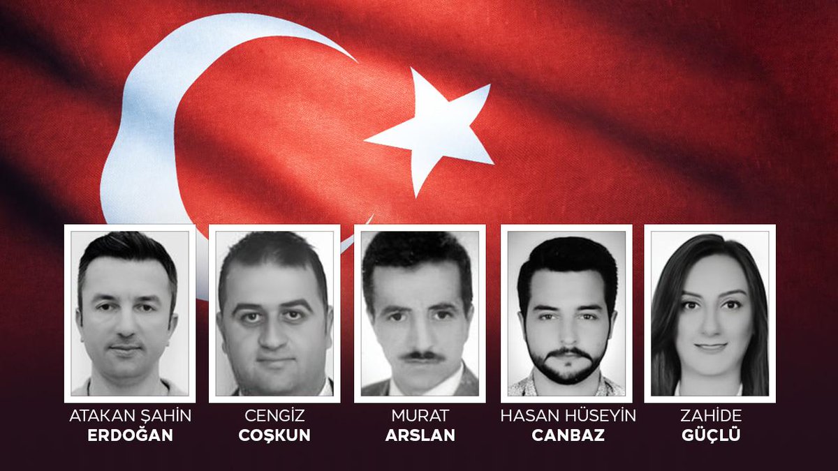 TUSAŞ yerleşkesine düzenlenen hain terör saldırısında şehit olan
Atakan Şahin Erdoğan, Cengiz Coşkun, Zahide Güçlü Ekici, Hasan Hüseyin Canbaz ve Murat Arslan’ı rahmetle anıyoruz. Ruhları şad olsun. 🇹🇷