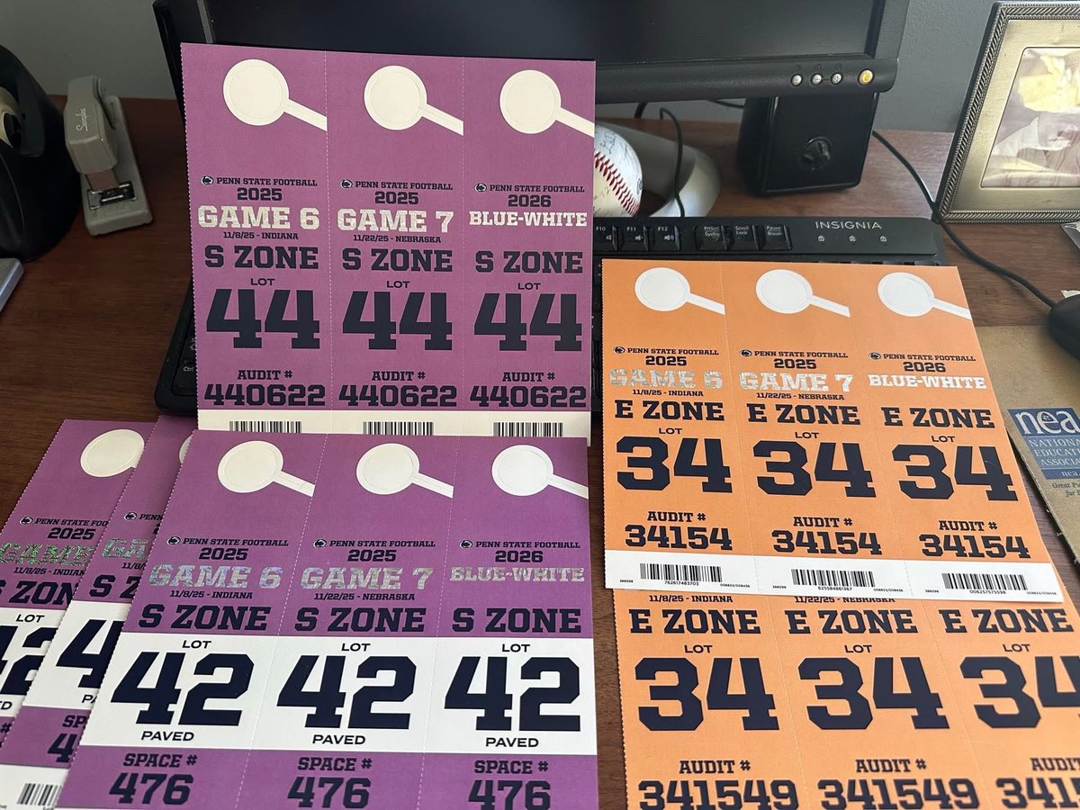 PSUtickets's tweet image. Lot 34 (General): Indiana pair: $125 each 
Nebraska $125 each 
Buy both sets = get both B/W free

Lot 44 (Preferred) $150 per for IN &amp;amp; NE. Get free B/W

Lot 42 (Front-Row Reserved on Pavement): 3 side-by-side behind the RF foul pole. Private/exclusive. Huge tailgate area…