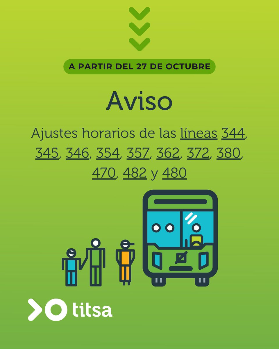 📢 Aviso: A partir del lunes, 27 de octubre, habrá ajustes horarios en las líneas 344, 345, 346, 354, 357, 362, 372, 380, 470, 482 y 480.

ℹ️Consulta más información: titsa.com/index.php/tus-…