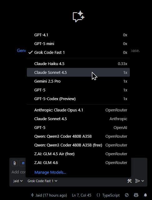 Jaidchen's tweet image. VS Code hat einen guten integrierten Chat.
Für 10 € kannst du 300× mit einem Top-Tier-LLM deiner Wahl (Claude Sonnet 4.5, Gemini 2.5 Pro, GPT-5) sprechen.
Das Vibecoden kannst du verhindern, indem du dem Agent einfach die Tools „edit“ und „runCommands/runInTerminal“ wegnimmst.
