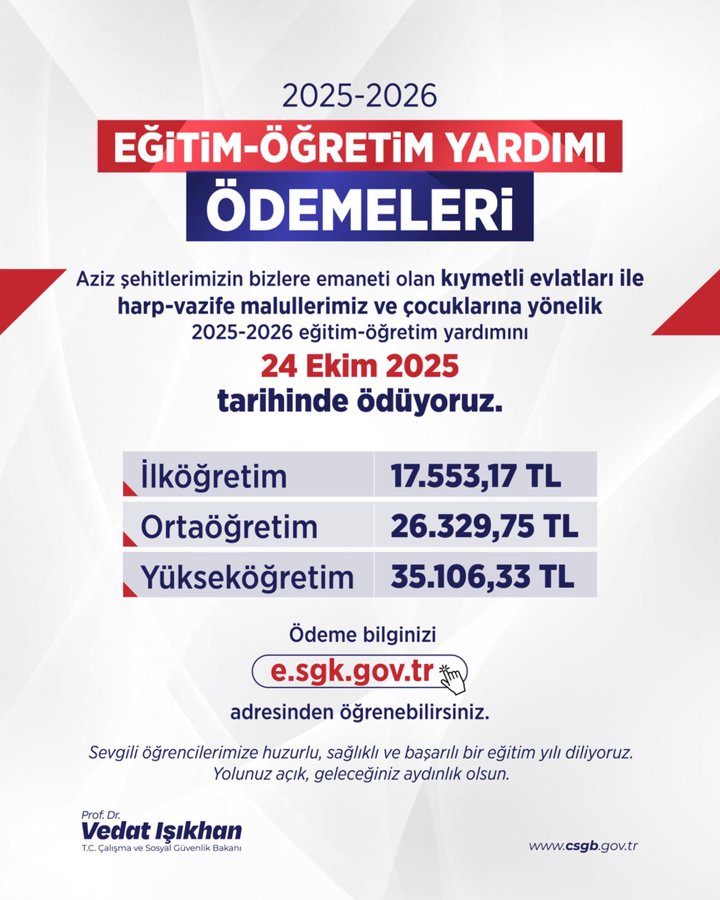 Infographic titled 2025-2026 Eğitim-Öğretim Yardımı Ödemeleri in blue and red text, stating payments for children of martyrs and disabled veterans on October 24 2025, with amounts: primary education 17553.17 TL, secondary 26629.75 TL, higher 35106.35 TL, signed by Vedat Işıkhan and Sezai Haydi, including e-sgk.gov.tr and csgb.gov.tr logos.