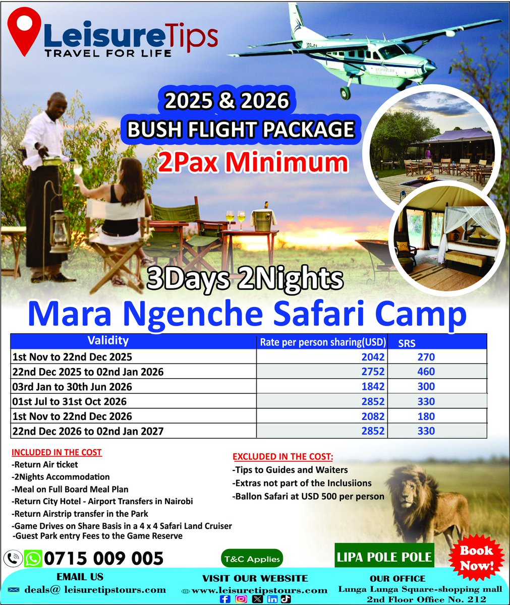 🎯Fly to the Wild! 3 Days, 2 Nights at #MaraNgencheSafari Camp ✈️

👉Experience the magic of Masai Mara like never before with our Bush Flight Package — perfect for couples or friends (2 Pax Minimum)!

🌿 What’s Included:
✅ Return flight from Nairobi
✅ 2 Nights luxury
