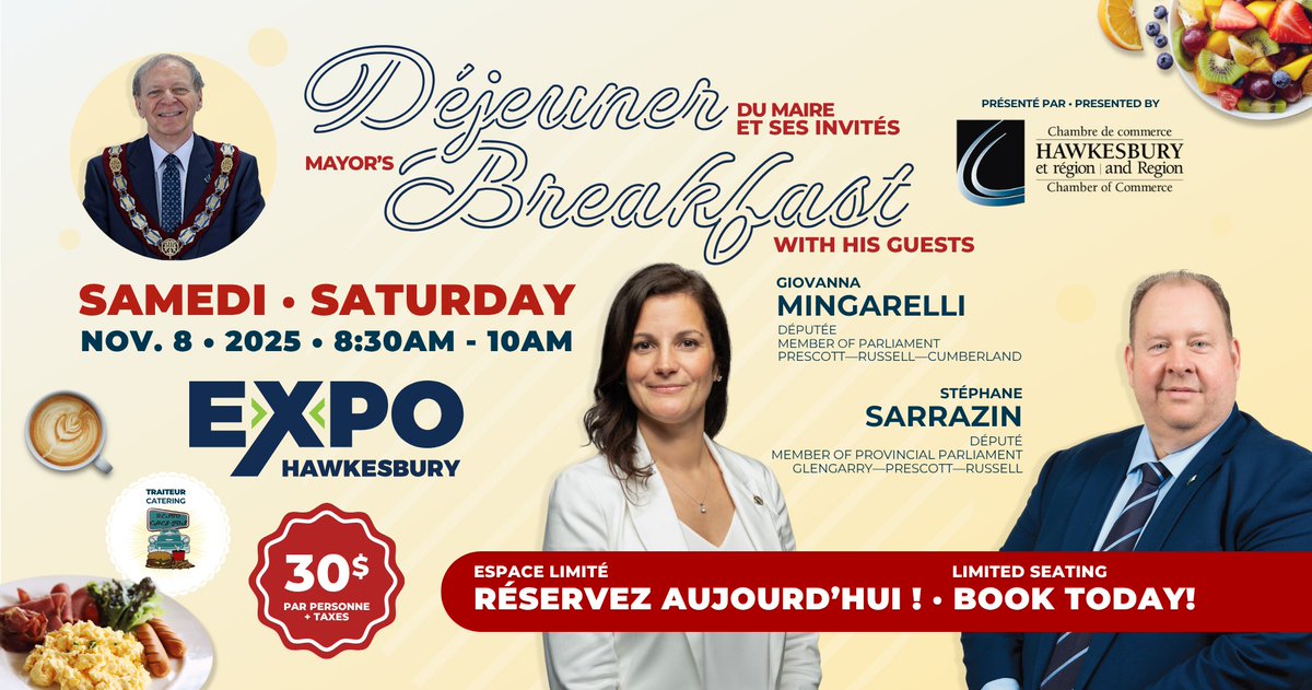 J’aurai le plaisir d’être l’un des invités du maire Robert Lefebvre lors du déjeuner du maire de Hawkesbury, pour le lancement de l’Expo Hawkesbury 2025

Honoured to be one of Mayor Robert Lefebvre’s guests at the Hawkesbury Mayor’s Breakfast, kicking off Expo Hawkesbury 2025