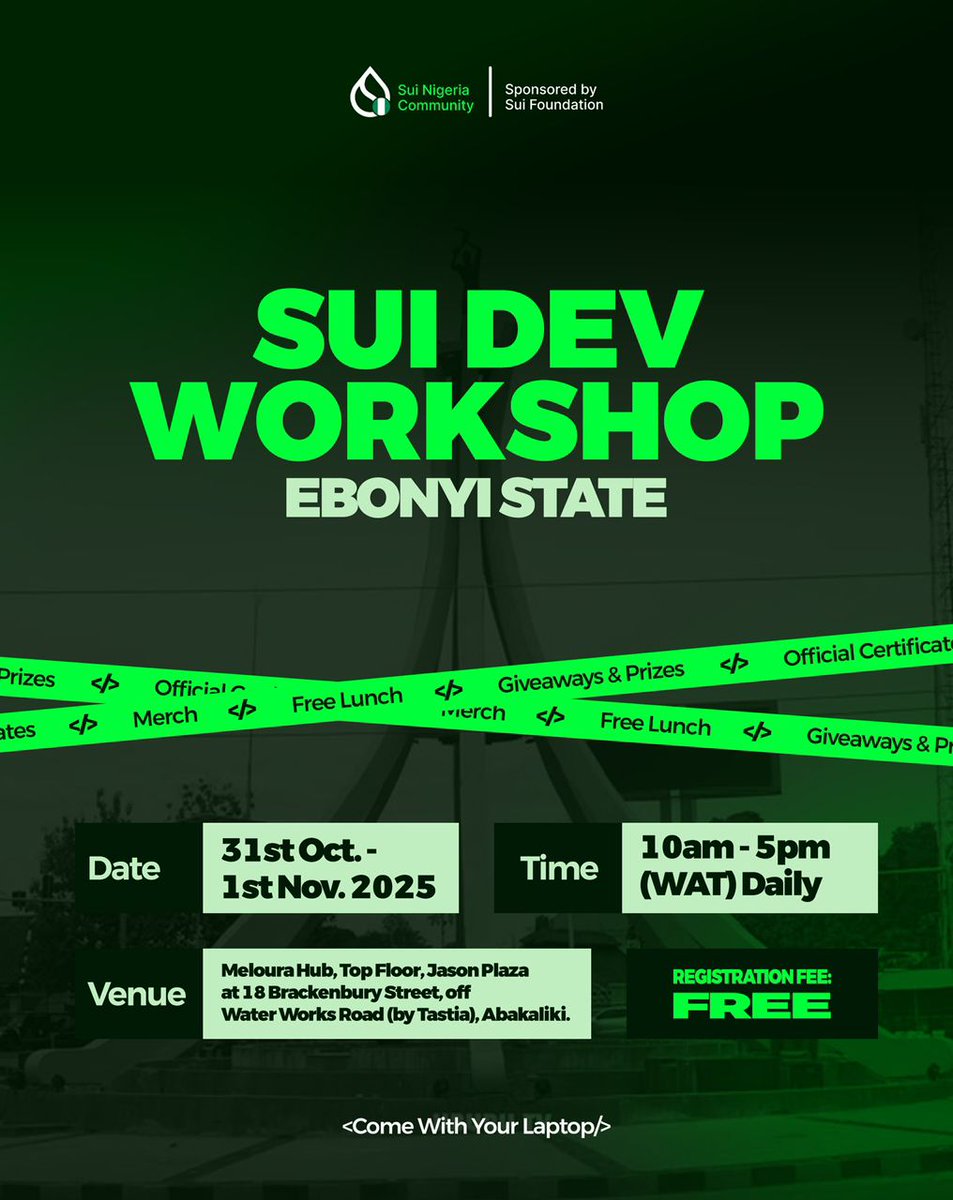 Groyda1's tweet image. Hey Ebonyi tech fam! 👋
Ready to build, learn & connect?
Don’t miss the SUI Dev Workshop happening Oct 31 – Nov 1 in Abakaliki!
✅ Free entry
✅ Free lunch
✅ Prizes, merch & more
Let’s code the future together 💻🔥
#SuiDevWorkshop #SuiNigeriaCommunity
#DeveloperCommunity
