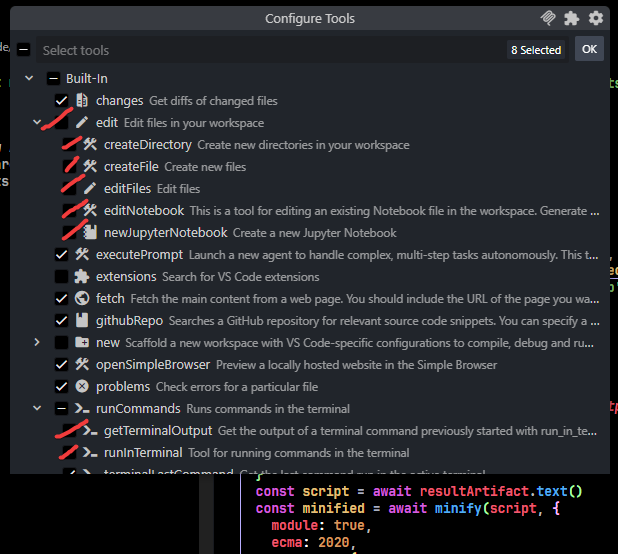 Jaidchen's tweet image. VS Code hat einen guten integrierten Chat.
Für 10 € kannst du 300× mit einem Top-Tier-LLM deiner Wahl (Claude Sonnet 4.5, Gemini 2.5 Pro, GPT-5) sprechen.
Das Vibecoden kannst du verhindern, indem du dem Agent einfach die Tools „edit“ und „runCommands/runInTerminal“ wegnimmst.