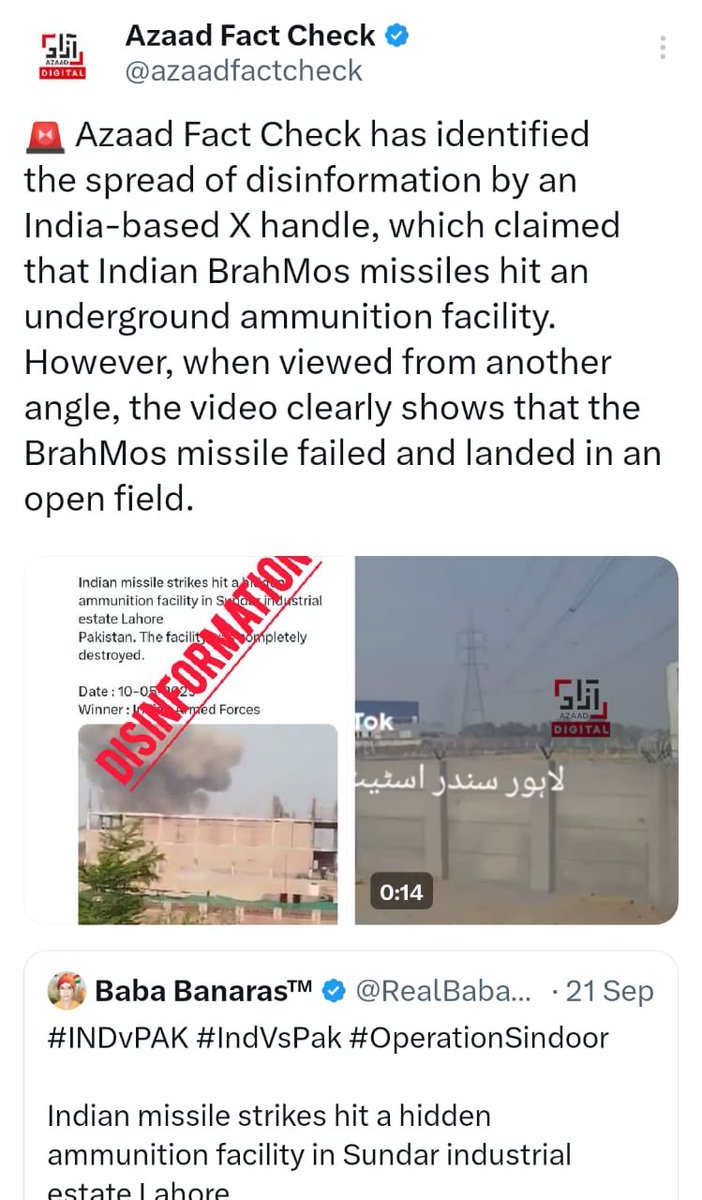 Azaad Fact Check has identified the spread of disinformation by an India military–run X handle from the DPRO Lucknow office, which made false claims of a cyberattack on an industrial area in the Sundar Industrial Estate. The video shared by the X handle had already been debunked