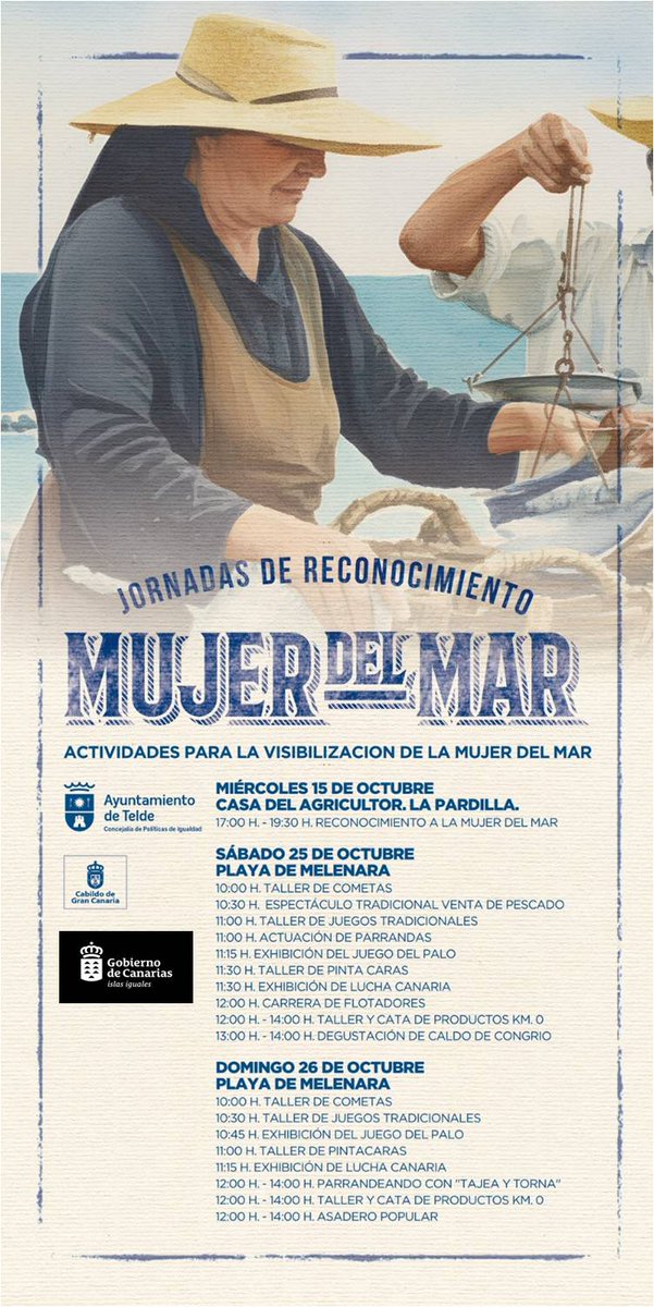 🌊 Fin de semana en honor a las Mujeres del Mar en Melenara 🌸

Este sábado 25 y domingo 26 de octubre, la playa de Melenara se llena de vida con talleres, juegos, parrandas, degustaciones, exhibiciones y ¡una divertida carrera de flotadores! 🎈