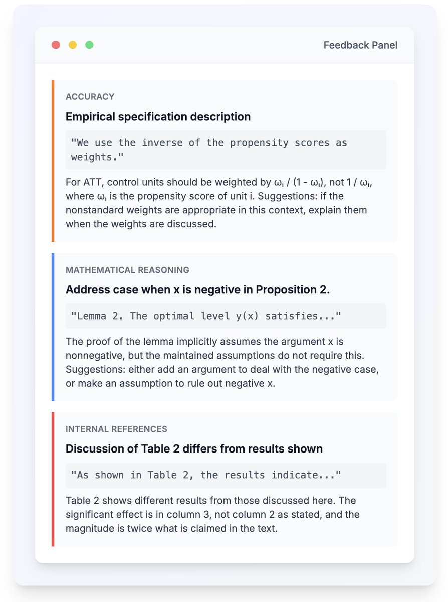 ben_golub's tweet image. I am super excited to share a new AI tool, Refine.
Refine thoroughly studies research papers like a referee and finds issues with correctness, clarity, and consistency.
In my own papers, it regularly catches problems that my coauthors and I missed.
1/