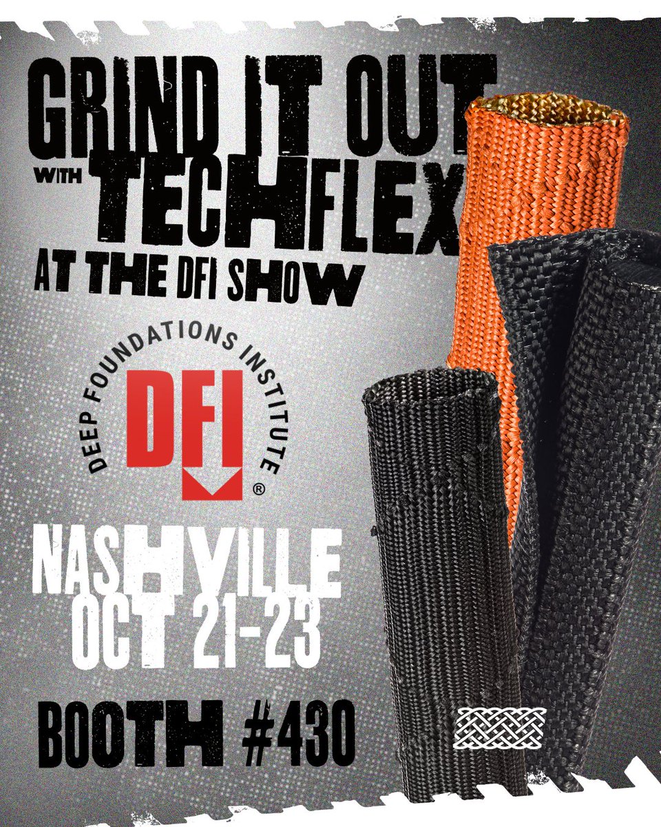 Techflex_inc's tweet image. ⚡️ Final Day in Nashville! Don’t miss your last chance to connect with Techflex® at the Deep Foundations Institute® Conference. Stop by booth 430 today and explore our heavy-duty sleeving and wraps built to protect industrial wire, cable, and hydraulic hoses. #DFI #DFI2025