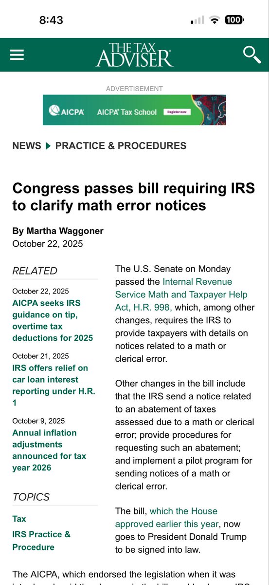 New #tax legislation headed to the President’s desk for signing. thetaxadviser.com/news/2025/oct/… <a href="/TheTaxAdviser/">The Tax Adviser</a>  #IRS #taxtwitter