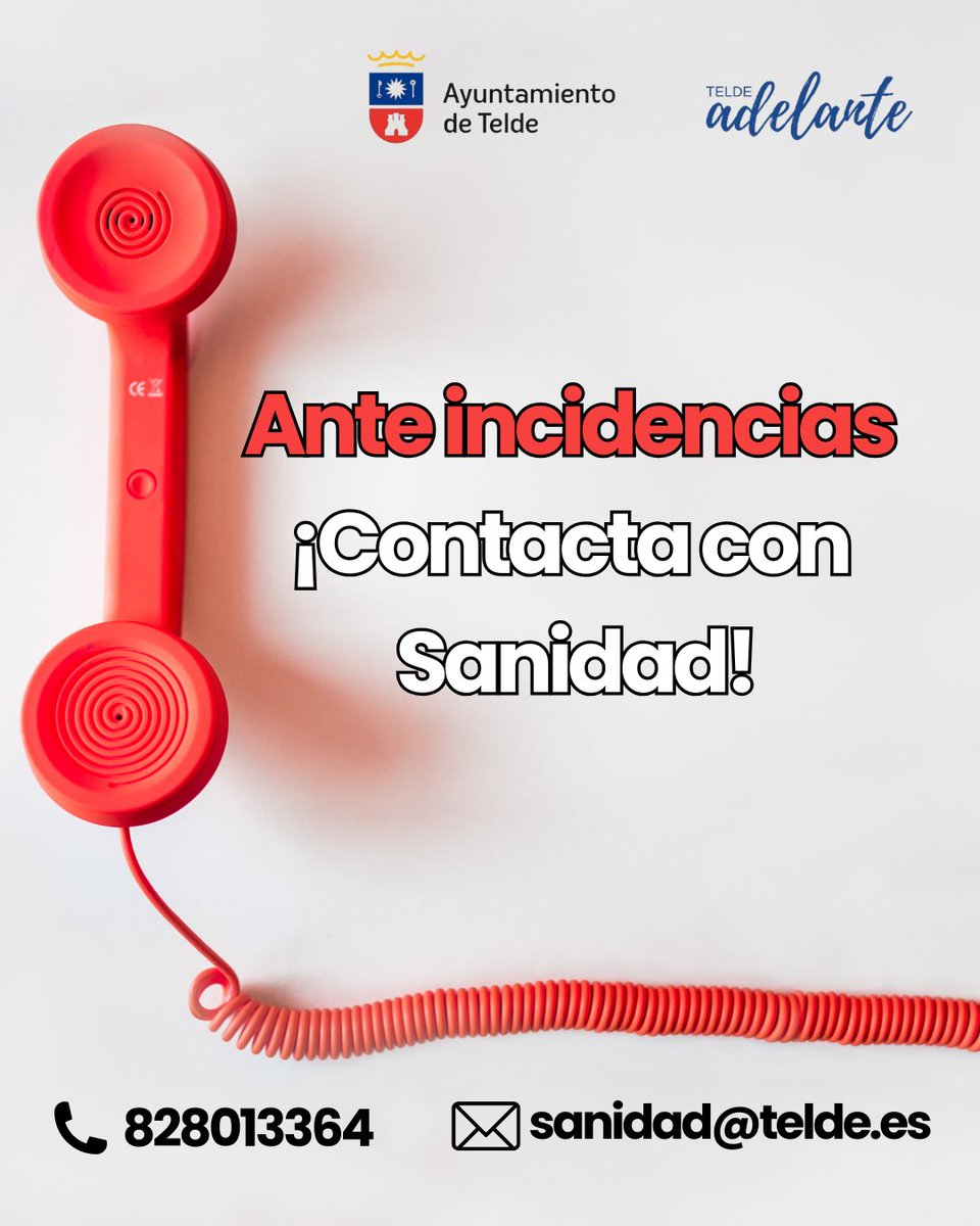 ‼📣Si estás frente algún incidente o necesitas ayuda o información, en relación con Sanidad, NO DUDES EN CONTACTAR DIRECTAMENTE CON LA CONCEJALÍA

📞828013364
📧sanidad@telde.es

¡Antes de acudir a otro medio, recuerda que dispones de este servicio! 🤝