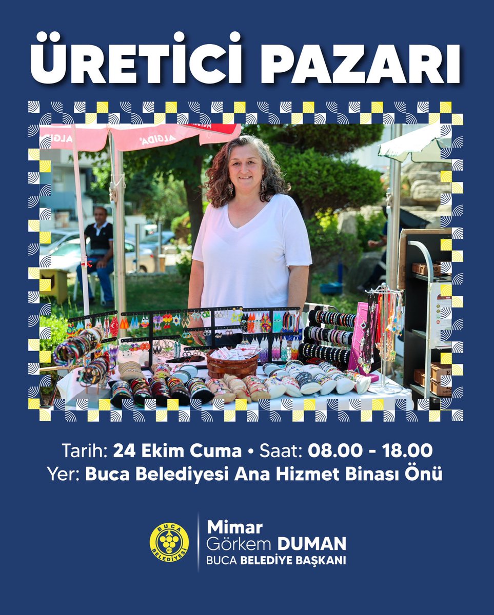 Buca’mızın bereketli topraklarından, el emeği ile hazırlanan ürünleri bulacağınız ‘Üretici Pazarı’na sizleri bekliyoruz.

🗓 24Ekim Cuma
🕕 08.00 - 18.00
📍 Buca Belediyesi Ana Hizmet Binası Önü