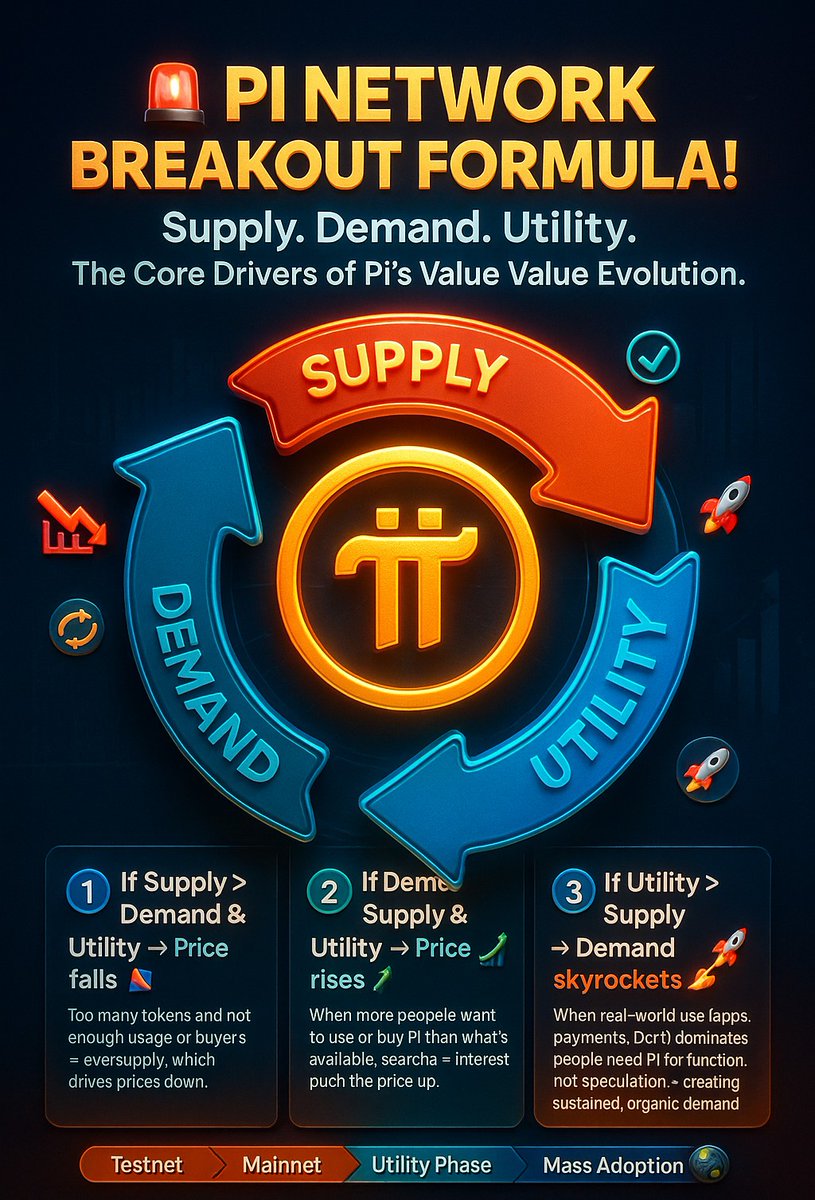 💥 Pi Network Breakout 💥

📉 When Supply > Demand &amp; Utility → Price Falls
Too many tokens, not enough usage = oversupply.

📈 When Demand > Supply &amp; Utility → Price Rises
More people want Pi than available = scarcity + growth.

🚀 When Utility > Supply &amp; Demand → Price