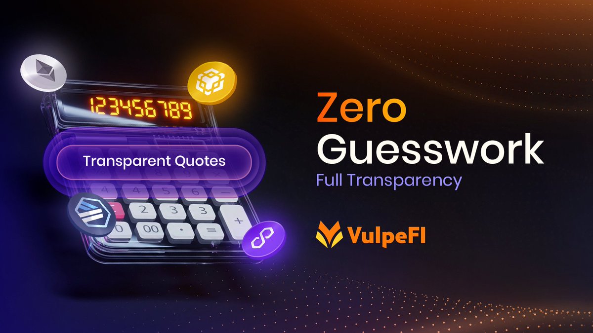 No more “hope and confirm.”

With VulpeFi, you see output, fees, and slippage up front, one clear quote across chains.

Swap with zero guesswork and full transparency.
#VulpeFi #DeFi #TransparentQuotes #DEXAggregator #CryptoTrading