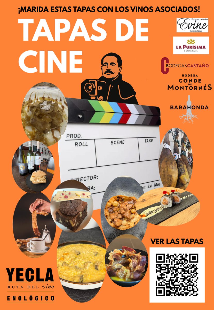 🎬🍷 ¡Ruta de la Tapa de Cine!

Del jueves 23 al 30 de octubre, bares y restaurantes de <a href="/RutaVinoYecla/">Ruta del Vino Yecla</a> se suman al Festival '#Yecla en Corto' con tapas inspiradas en famosas películas.

🍴 Tejota, KasaoRtega, La Tapeoteca, Restaurante Aurora, Ideal, Tapeo, Brandy y Peña Taurina.