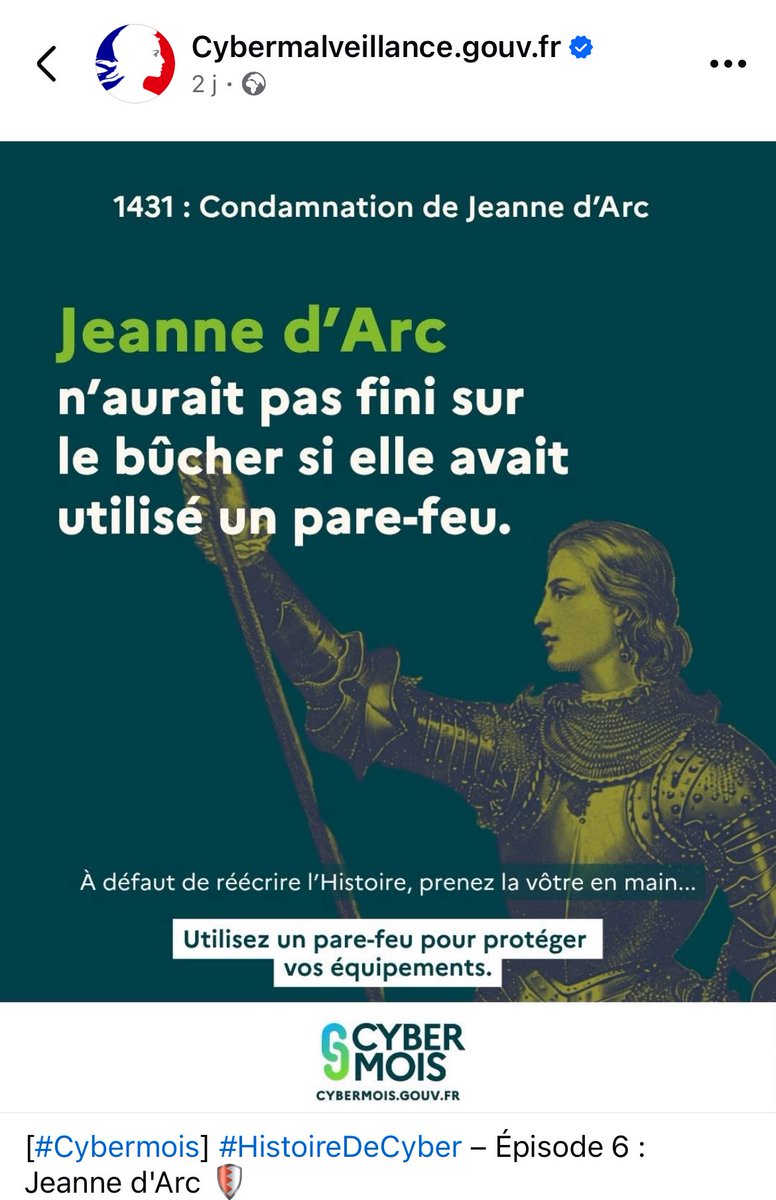 🔴 🇫🇷 En pleine recrudescence des actes anti-chrétiens en France, la plateforme gouvernementale Cybermalveillance se moque ouvertement de Jeanne d’Arc.

J’ai eu beau chercher je n’ai trouvé aucune référence à une autre religion dans leur campagne de pub.

Étonnant non ?