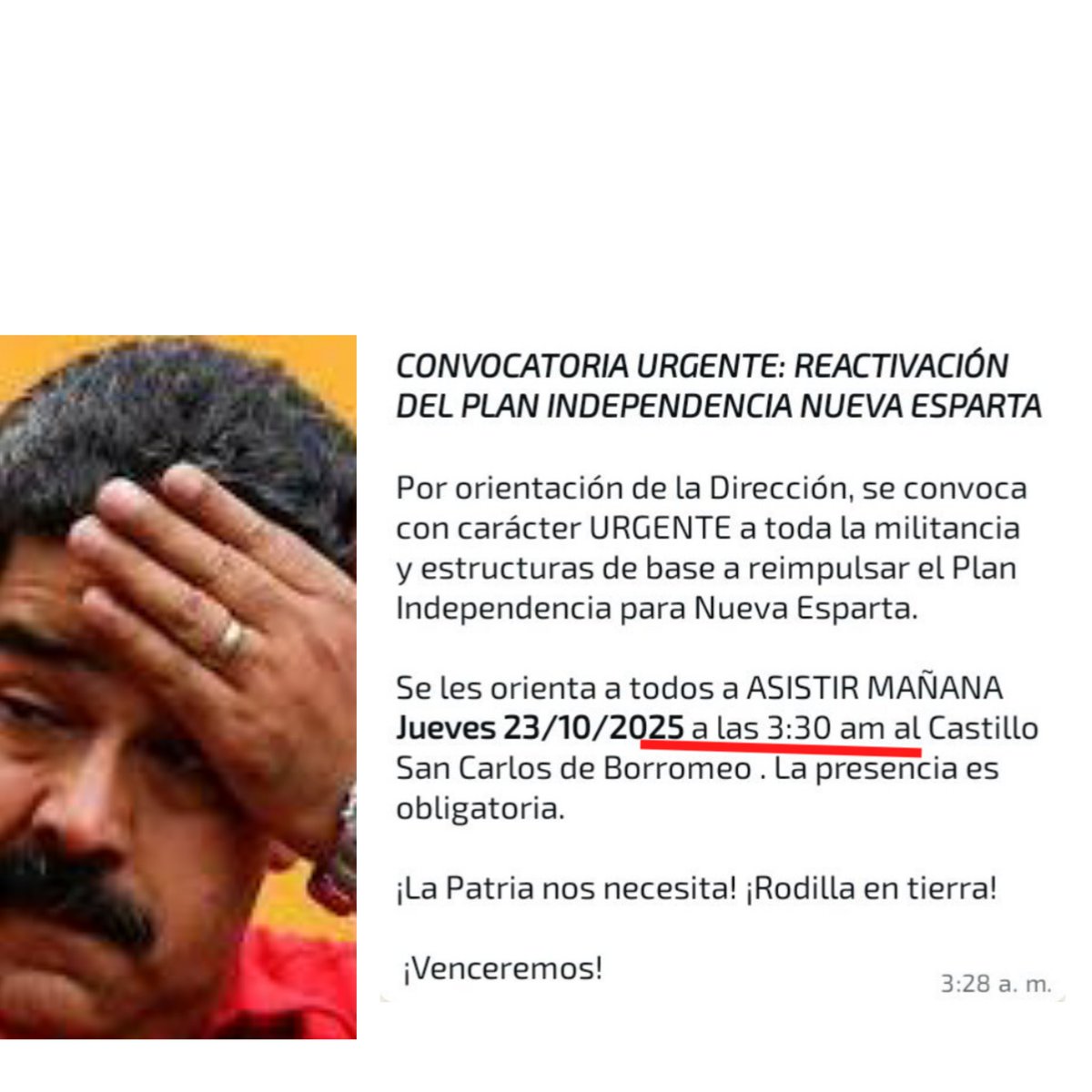 vivassantanaj_'s tweet photo. ¡Aunque usted no lo crea! El régimen del cartel de los Soles de Nicolás Maduro y Diosdado Cabello está tan desesperado que obligó a la gente de lo que llaman "estructuras de base" a asistir a las 3:30 AM de este #230ct al castillo San Carlos de Borromeo con carácter "obligatorio" en la isla de Margarita, Nueva Esparta...¡La gente ya no podría ni dormir!...
