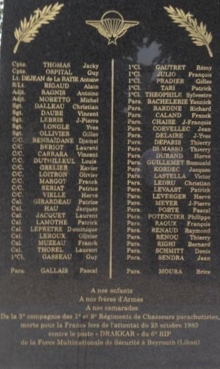 MontbrialAvocat's tweet image. À la mémoire de nos 58 camarades parachutistes tués le 23 octobre 1983 à #Beyrouth au camp #Drakkar 🫡🇫🇷
@11eBP @armeedeterre