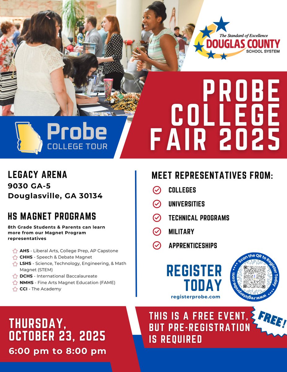 AlxCounselors's tweet photo. Join us tonight at the PROBE College &amp; Career Fair, taking place at Legacy Arena, 9030 GA-5, Douglasville, GA 30134 from 6-8pm.Don't miss out on the chance to meet representatives from various colleges and industries, all eager to answer your questions. See you there! https://t.co/SXNKOkxuQH