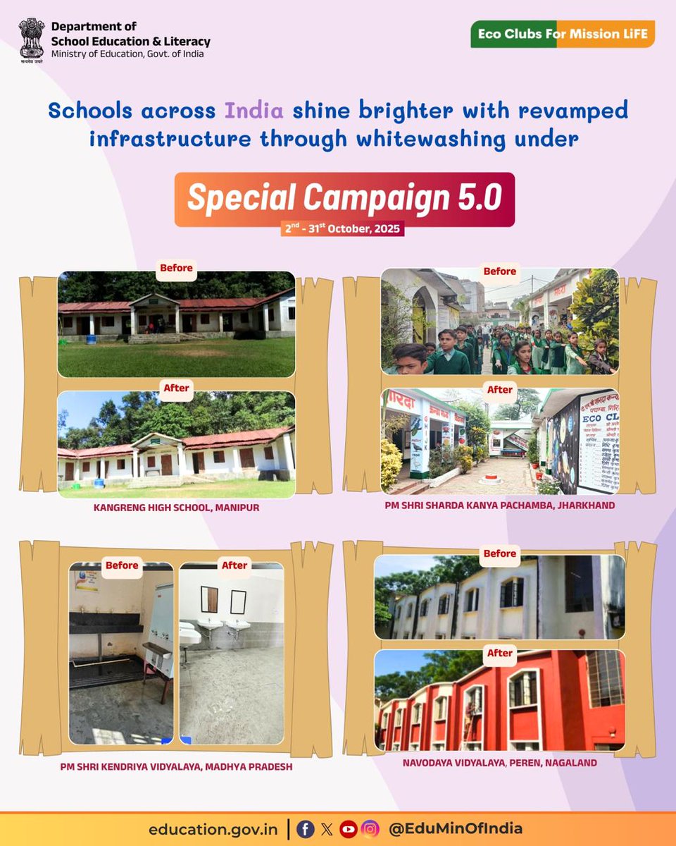 EduMinOfIndia's tweet image. Whitewashing and repair works under #SpecialCampaign5.0 are transforming school spaces across India, making them brighter, cleaner and more functional. These improvements reflect a concerted effort to create learning environments where students feel motivated to learn and…