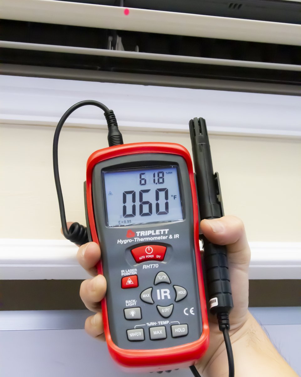 test_tools's tweet image. The Triplett RHT70 Hygro-Thermometer + IR Thermometer shows humidity/IR temp and air temp together. Features 8:1 IR with laser pointer, 0.95 emissivity, dual backlit LCD, and tripod mount. Learn More: bit.ly/45gRQs3
