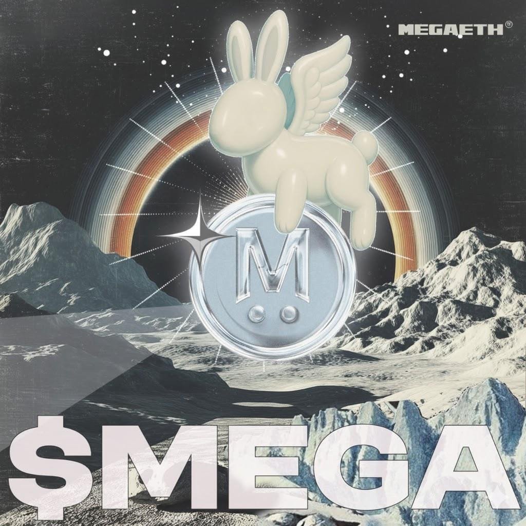 $MEGA 토큰 소개 아트워크: 천사 같은 토끼와 산악 풍경