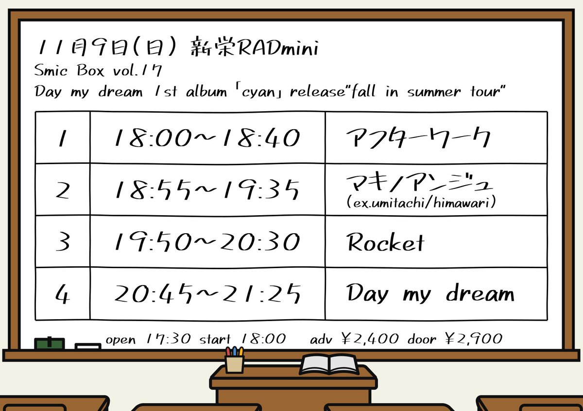 afterworknagoya's tweet photo. 💡タイテ解禁💡

11/9(日)
新栄RADmini

Smic Box vol.17
Day my dream 1st album「cyan」release "fall in summer tour"

🎸act
Day my dream
マキノアンジュ
Rocket
アフターワーク

open/start 17:30/18:00
adv/door ￥2,400/￥2,900

トッパー！40分セット！
是非お越しください🔥 https://t.co/z8t03Rvn19