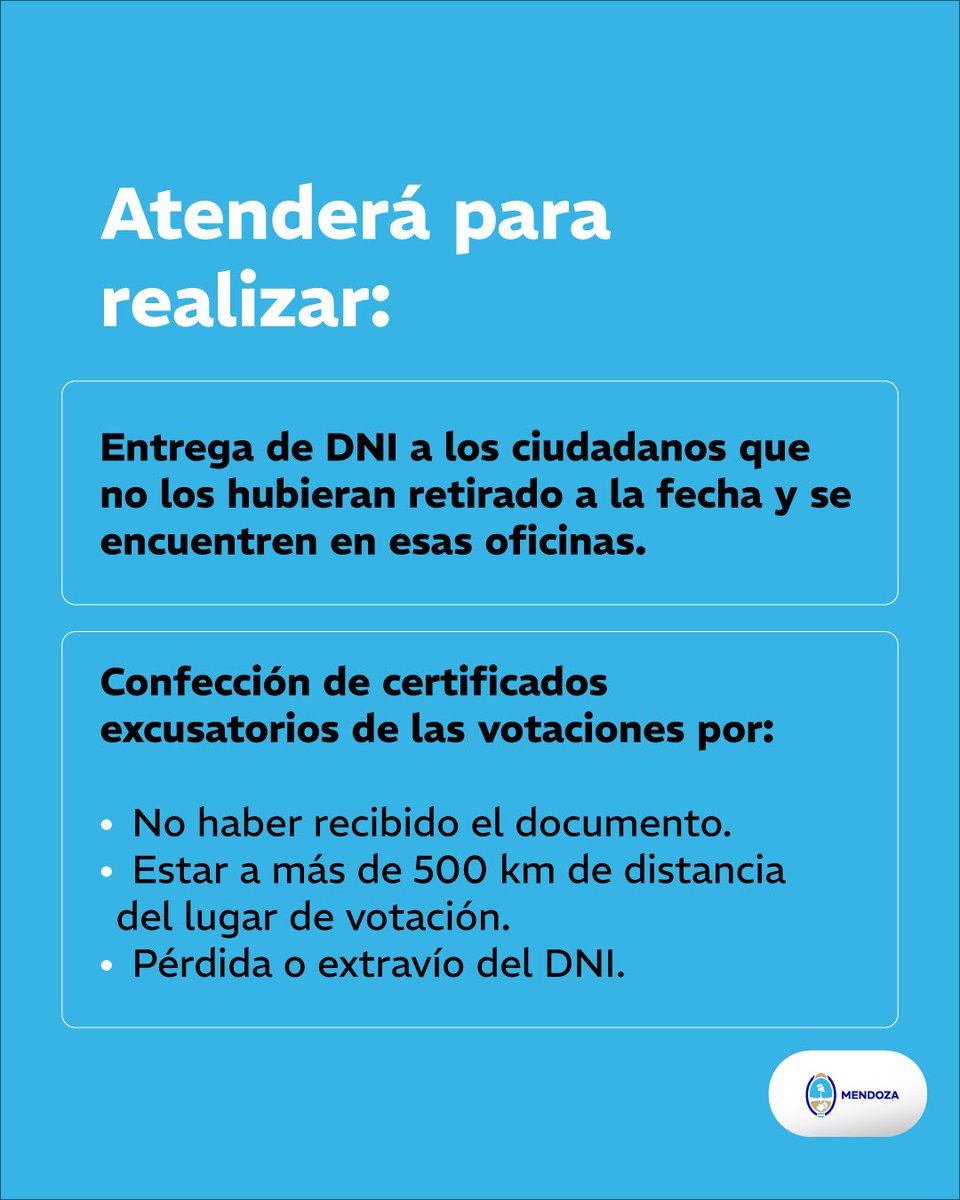 Elecciones 2025: El Registro Civil abrirá de 8 a 18hs. ✅🗳️

Será para entregar DNI y certificados excusatorios en los 18 departamentos mendocinos. 

🔗 Más info en: prensa.mendoza.gob.ar/elecciones-202…