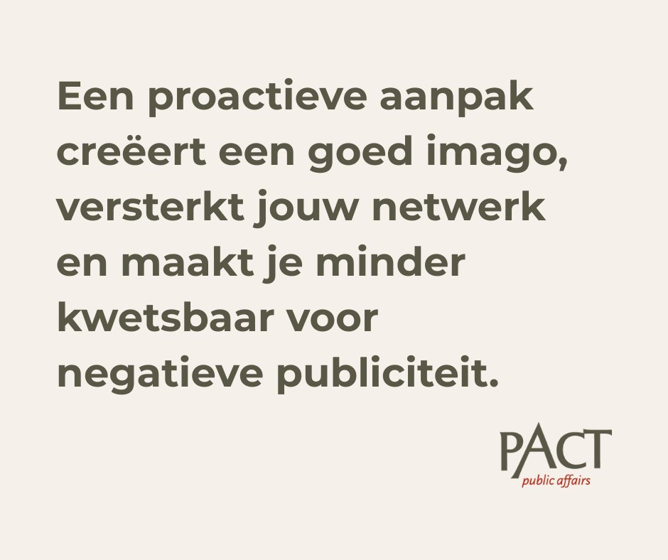 Een proactieve aanpak begint voordat er iets misgaat.
Wie vooruitdenkt, bouwt vertrouwen op en blijft geloofwaardig, ook als het spannend wordt.

#publicaffairs #reputatie #PACTPublicAffairs