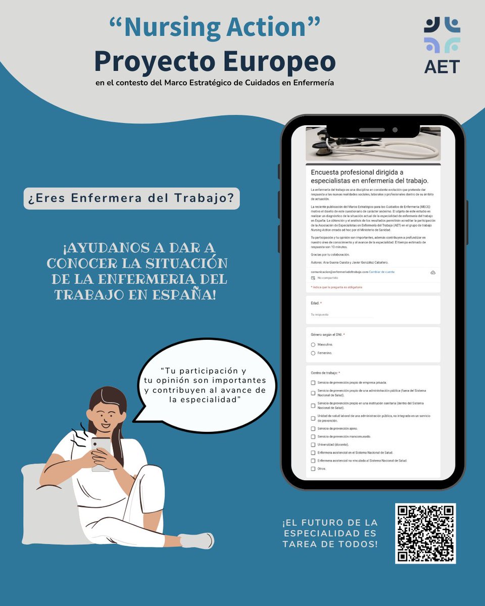 🩺 La @AET_enfermeria impulsa un cuestionario para conocer la situación actual de la #EnfermeríaDelTrabajo en España.

⏱️ Solo 10 min
👉 Participa aquí: forms.gle/ChJ9SH41p8abEv…

#Enfermería #SaludLaboral