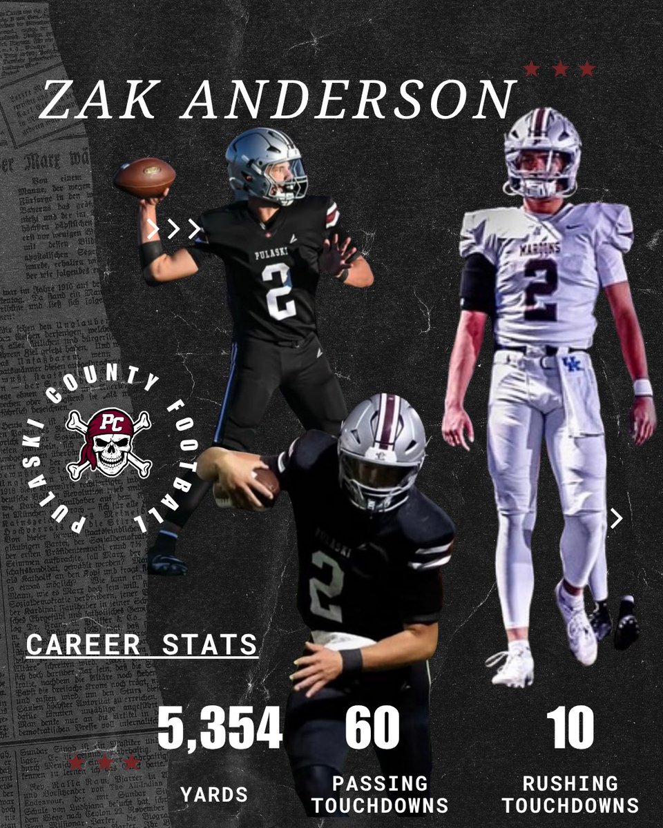 We would like to take this time to honor our quarterback, Zak Anderson.
We couldn’t be more proud of everything Zak has accomplished over his four years at Pulaski County. His hard work, leadership, and dedication have left a lasting impact on our program and community.
Thank