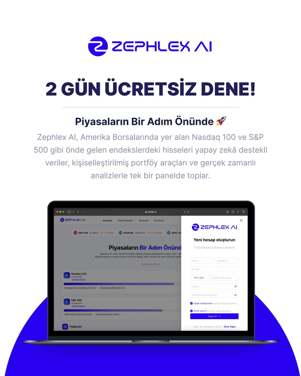 algo_sentiment's tweet image. WALL STREET PANEL'İ 2 GÜN ÜCRETSİZ DENE!
Zephlex AI, Nasdaq 100 ve S&P 500 hisselerini yapay zekâ destekli veriler, kişiselleştirilmiş portföy araçları ve gerçek zamanlı analizlerle tek bir panelde toplar. Karmaşık piyasa verilerini sadeleştirir, fırsatları erken görmeni ve…