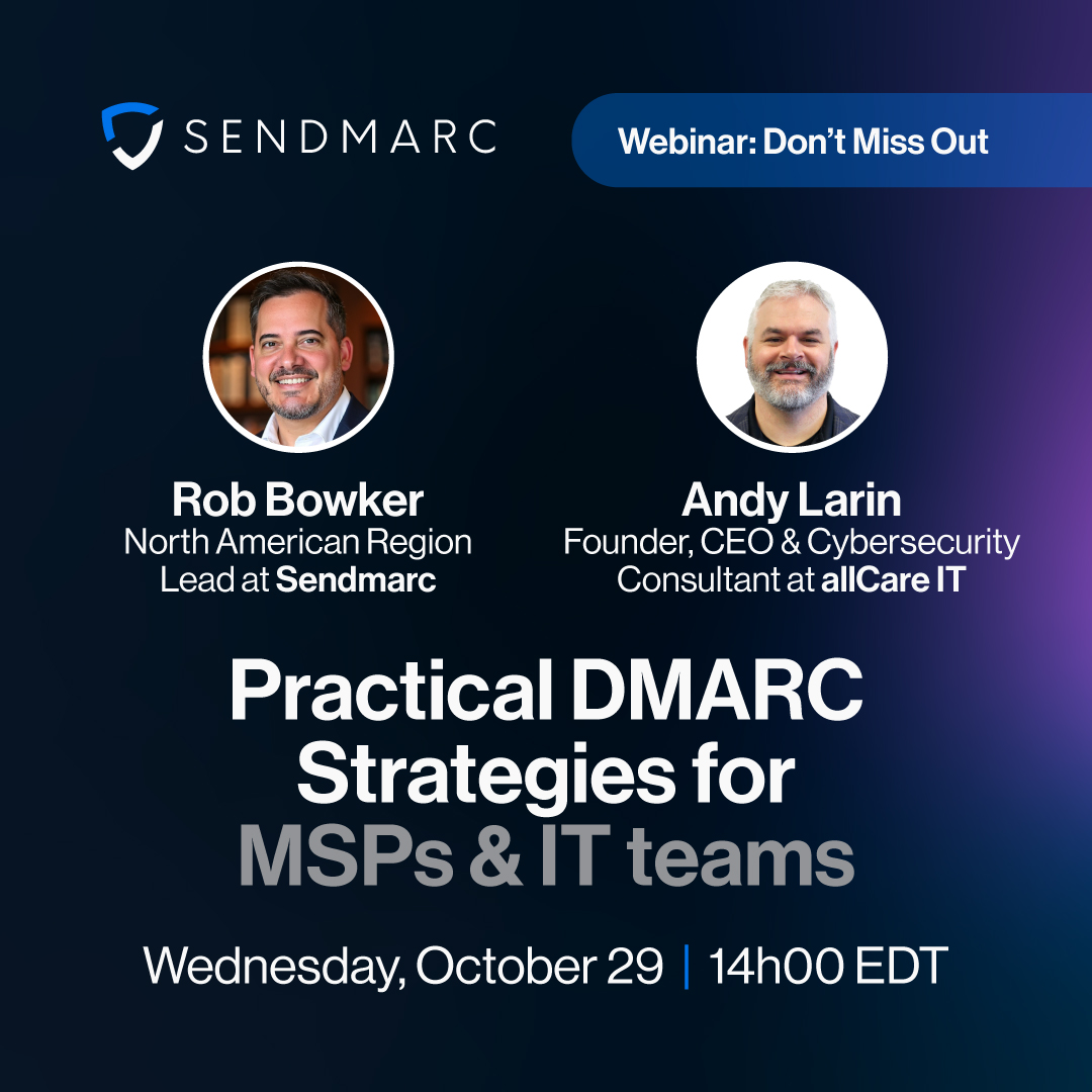 Sendmarc's tweet image. #Register!! 
Join 𝗥𝗼𝗯 𝗕𝗼𝘄𝗸𝗲𝗿 (Sendmarc) &amp;amp; 𝗔𝗻𝗱𝘆 𝗟𝗮𝗿𝗶𝗻 (allCare IT) for a 30-min session on real-world DMARC strategies for MSPs &amp;amp; IT teams to simplify deployment, boost sales, &amp;amp; strengthen client security. Register now: eu1.hubs.ly/H0p1mYj0 

#DMARC #Webinar