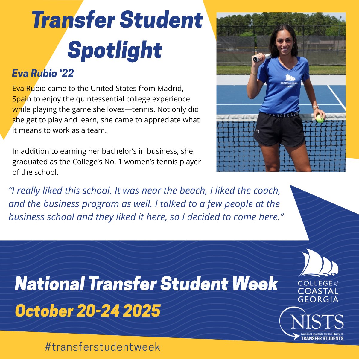 🎓 It’s #TransferStudentWeek! Meet Eva Rubio ’22, who came from Madrid to play tennis and earn her degree. 🏆 No. 1 on the women’s team &amp; a true #Mariner success story! ✨

bit.ly/3J5m3oz

#MarinerPride #CCGA #StudentSpotlight #CollegeIsBetterByTheBeach #CoastalGeorgia
