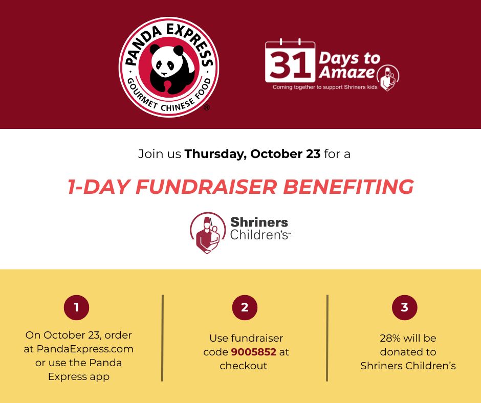 shrinershosp's tweet photo. Today only, 28% of all Panda Express orders placed online or through the Panda Express app will be donated to Shriners Children's.  #31DaysToAmaze https://t.co/Ps0ZXIsErV