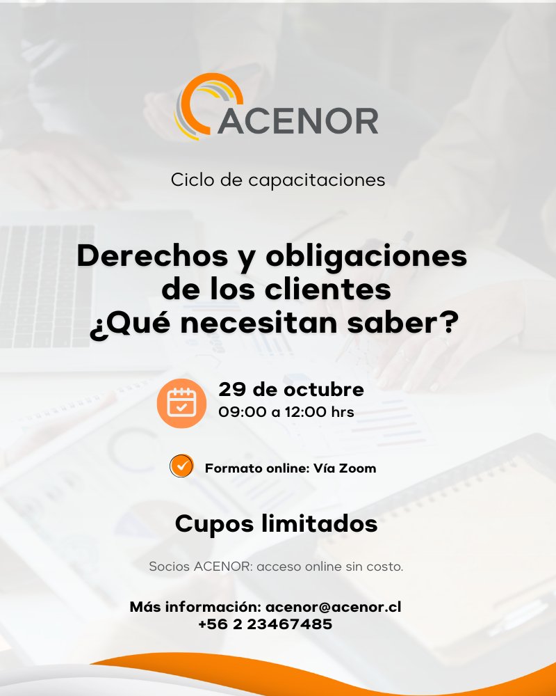🔶 ¡Inscríbete en la próxima capacitación #online de #ACENOR!

📅 Miércoles 29 de octubre | 09:00 a 12:00 hrs.
💻 Modalidad 100% online vía Zoom

👉 Inscríbete aquí: acenor.cl/capacitaciones…

#ClientesLibres #CapacitacionesACENOR #Regulación #Formación