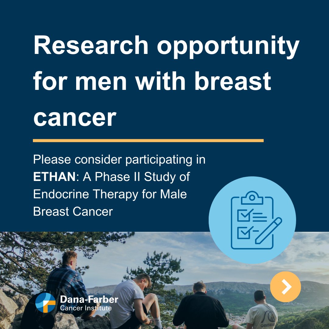DFCI_BreastOnc's tweet photo. The Breast Oncology Center and @TheTBCRC are leading the #ETHANstudy, a randomized study for men with stage I-III hormone receptor-positive (HR+)/HER2-negative #BreastCancer. This study is looking to see how well male breast cancer responds to pre-surgery treatment with endocrine therapy and which endocrine therapy drug is the most effective treatment for male breast cancer.

#MaleBreastCancer research is important because it is rare which means many men don’t know about it and it is often caught late. This research will be key to advancing our understanding of this disease, and to developing the best therapies possible.

For more information call 877-DF-TRIAL (877-338-7425) or visit: dana -farber.org/clinical-trials/22-225
#Malebreastcancerawarenessweek #Malebreastcancerawarenes #JosePabloLeone #Breastcancerawarenessweek @MBCGlobAlliance