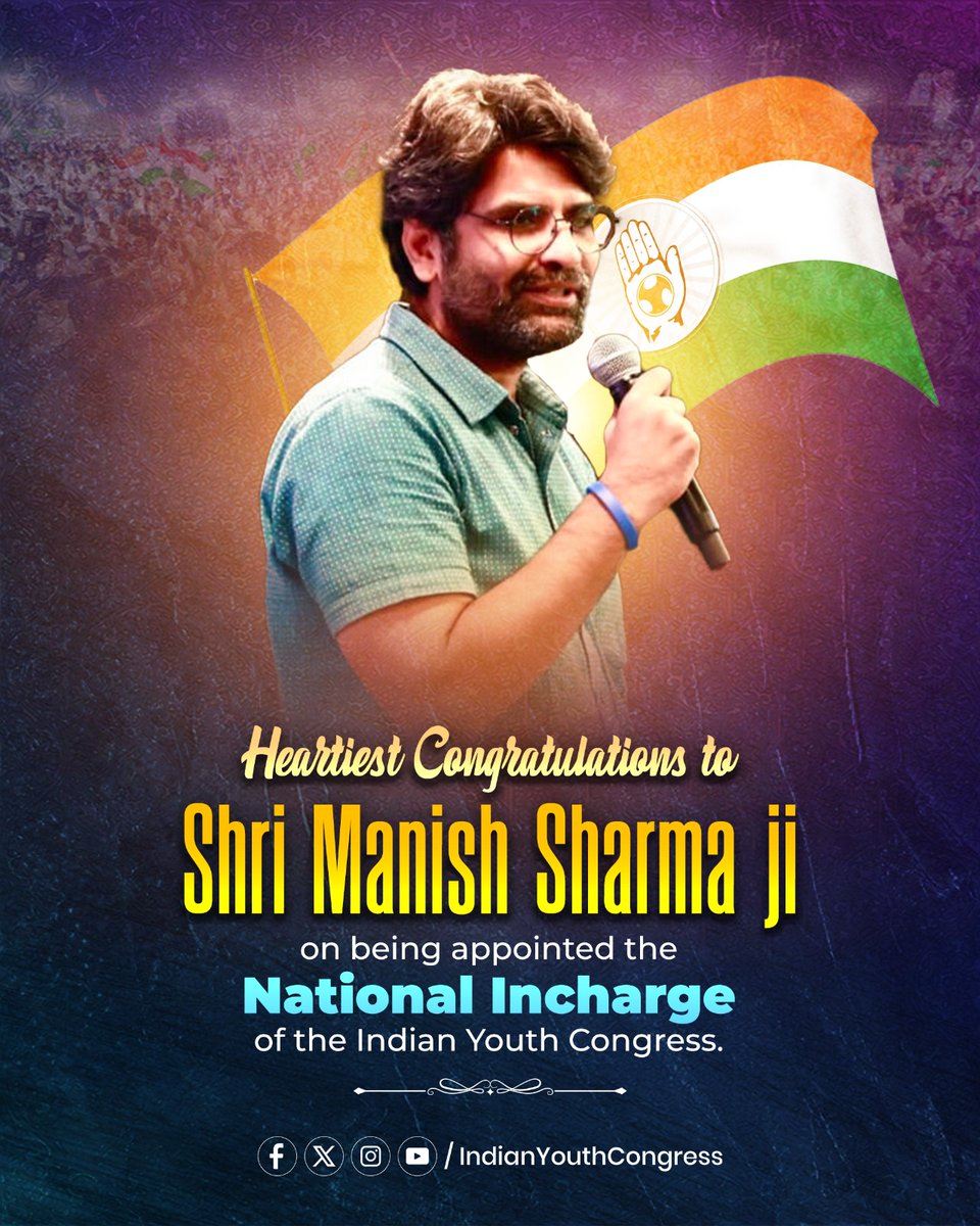 Heartiest congratulations to Shri Manish Sharma ji on taking charge as the new In-Charge of IYC. <a href="/KoiManish/">मनीष</a> 💐

Deep gratitude to Shri Krishna <a href="/Allavaru/">Krishna Allavaru</a> ji for his dedicated leadership, guidance, and tireless commitment to empowering India’s youth.