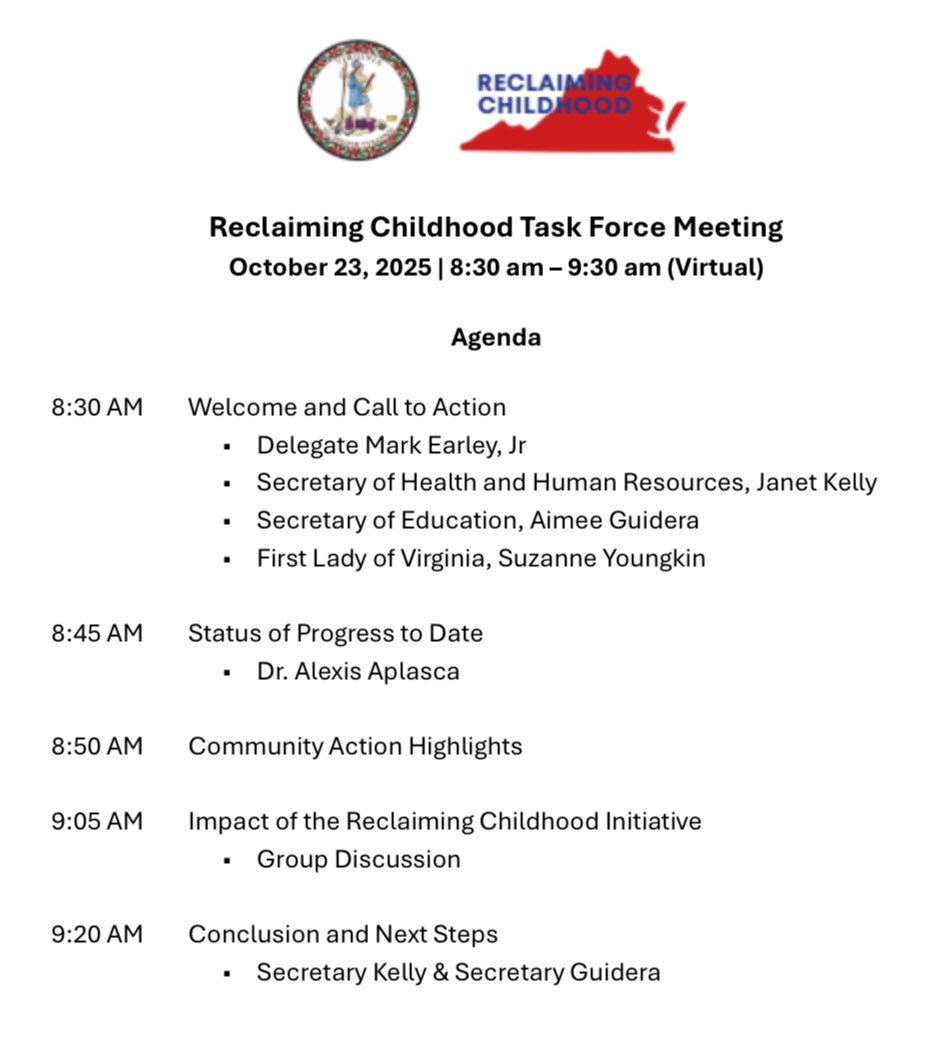 Wonderful to join the Reclaiming Childhood Task Force this morning. 

We’ve made great strides in reclaiming childhood with getting cell phones out of classrooms and empowering parents with more tools to guide &amp; protect their children when it comes to social media.   I’ve been