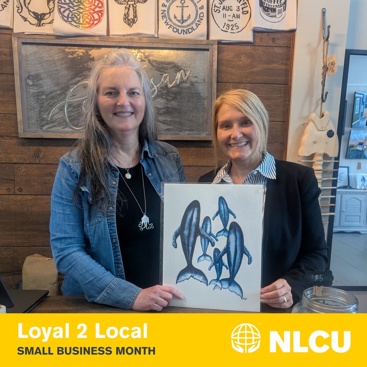 NLCU's tweet image. In support of Small Business Month and for our #Loyal2Local campaign, Shelia, Commercial Business Advisor, visited The Artisan Loft in St. John&apos;s and picked up a beautiful &quot;Pod of Five&quot; Watercolor Print by New Finn Art. 

#SmallBusinessMonth #SupportLocal #SupoortLocalArtists