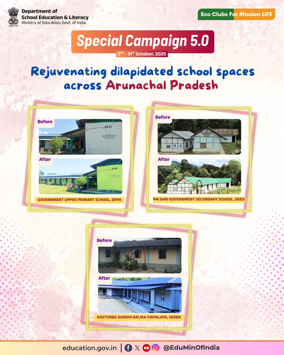 EduMinOfIndia's tweet image. Schools across Arunachal Pradesh are being spruced up with whitewashing and repainting, along with necessary minor repairs such as flooring and replastering, under #SpecialCampaign5.0.

These efforts are fostering a sense of pride and ownership among school students and staff,…