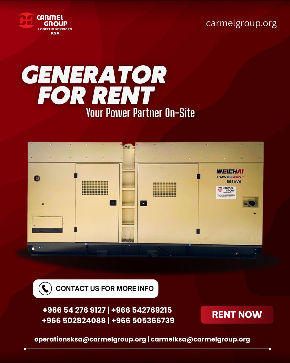 services95671's tweet image. Generator for Rent – Reliable Power Anytime, 
📞 Contact us today:
+966 54 276 9127 | +966 5427 69215
+966 5028 24088 | +966 5053 66739
📩 operationsksa@carmelgroup.org
🌐 carmelgroup.org

#GeneratorForRent   #RentAGenerator #DieselGenerator #PortablePower #PowerRental