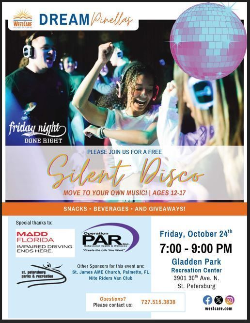 TOMORROW - DANCE PARTY for Youth ages 12 - 17. Join us for a Silent Disco!  Move to your own music, dance and have fun with your friends. This FREE event will take place at Gladden Park Recreation Center on Friday, October 24th.  Hope to see you there!!!