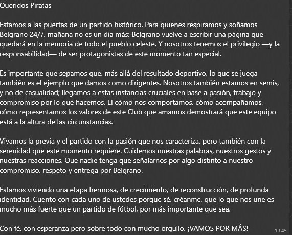 Carta de Luifa Artime a grupo interno de el Club Atlético Belgrano en la previa de la semifinal vs AAAJ. 
#Belgrano #CopaArgentina